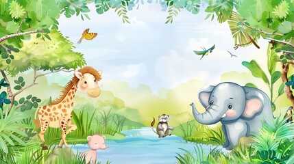 Obraz premium Adorable and Whimsical World of Cute Cartoon Safari Zoo: Unveiling the Enchanting Beauty of Watercolor Style with Animal Frame Border. Explore Keywords like Charming, Playful, Jungle Creatures, Exotic