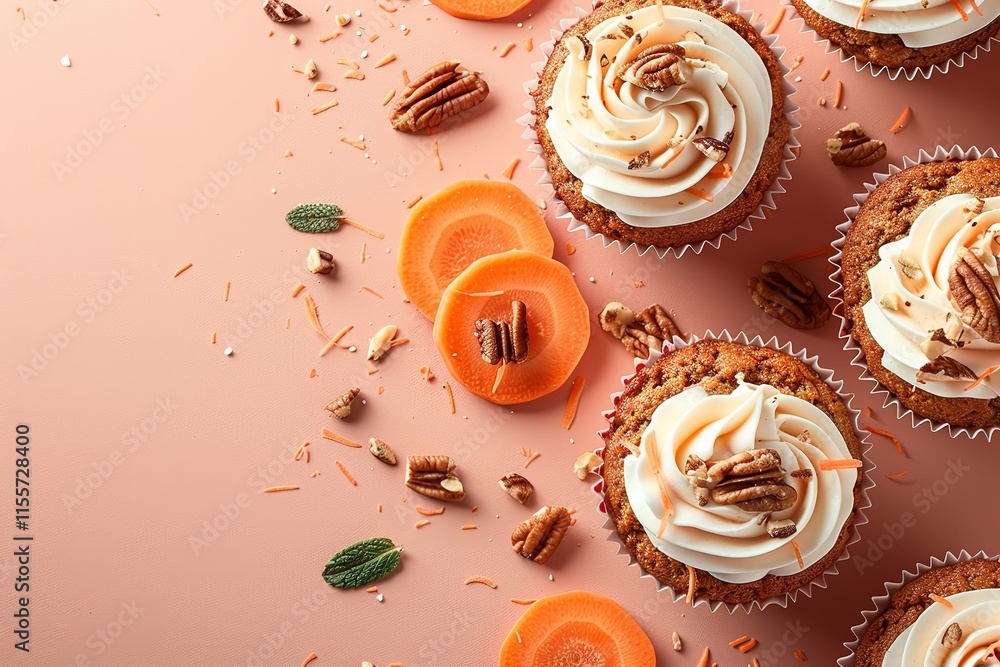 Poster an up-close view of vegan carrot muffins with cream almonds and carrot slices set against a pale ora