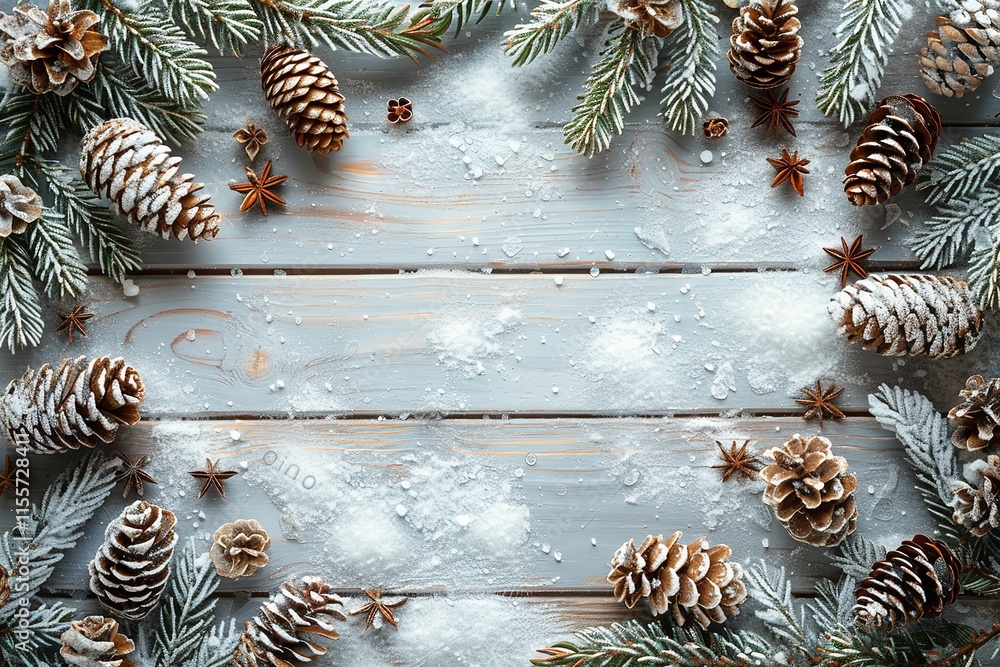 Poster a close-up of a white hardwood tabletop perspective with fuzzy illumination fir branches and cones a