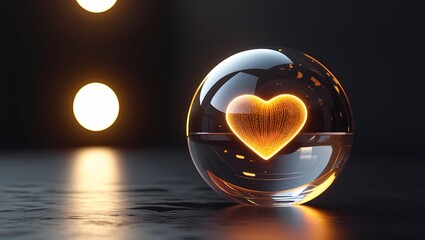 Fototapeta premium A holographic heart-shaped lamp inside a clear glass ball on a black background, symbolizing love, happiness, and warmth for Valentine's Day 2025, creating a stunning background image.