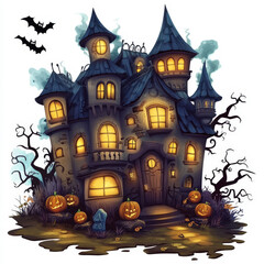 Enchanted Gothic House with Spooky Atmosphere, Bats in the Sky, Pumpkins on the Ground, and Moonlit Night Scene for Halloween Festivities
