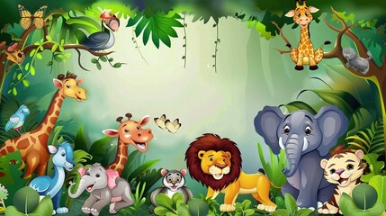 Naklejka premium Adorable and Whimsical World of Cute Cartoon Safari Zoo: Unveiling the Enchanting Beauty of Watercolor Style with Animal Frame Border. Explore Keywords like Charming, Playful, Jungle Creatures, Exotic