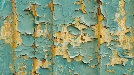 Obraz premium Weathered surface with peeling turquoise paint revealing rust underneath. A textured abstract of decay, aging, and layers.