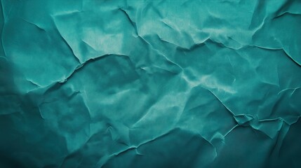 top view on teal color crumpled paper, texture background  