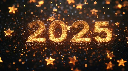 A creative "2025" text design made of glowing golden stars
