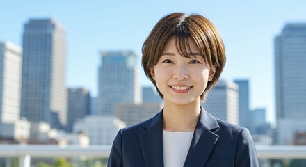 Confident Short-Haired Japanese Businesswoman in Modern City: Embracing Elegance and Determination