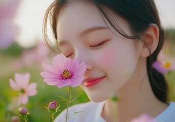 Young woman enjoying the fragrance of a pink flower amidst a field of blooming plants, capturing the essence of nature and tranquility with a joyful expression