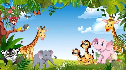 Fototapeta premium Adorable and Whimsical World of Cute Cartoon Safari Zoo: Unveiling the Enchanting Beauty of Watercolor Style with Animal Frame Border. Explore Keywords like Charming, Playful, Jungle Creatures, Exotic