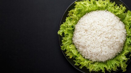 White Rice Served on Fresh Green Lettuce in Circular Presentation