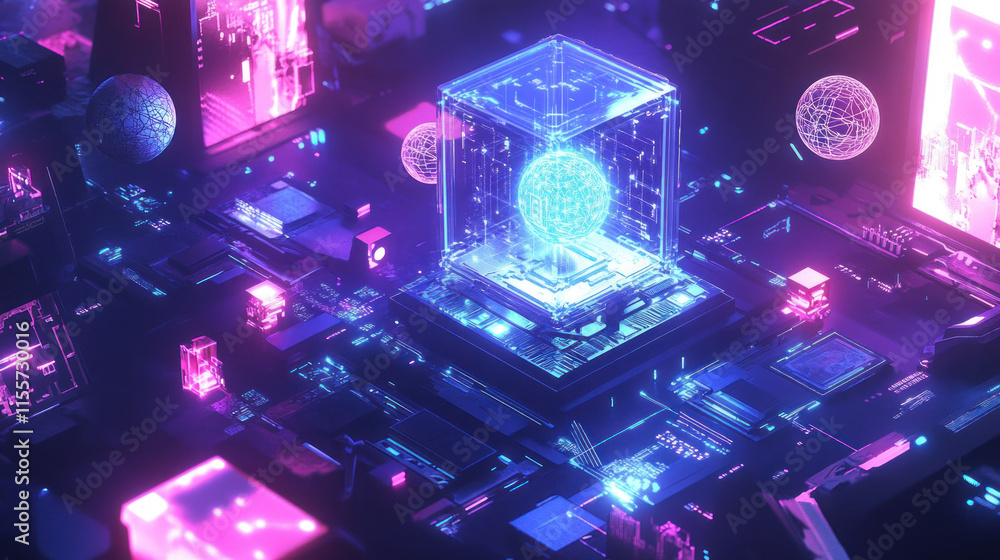 Poster futuristic digital cube with glowing sphere on circuit board.