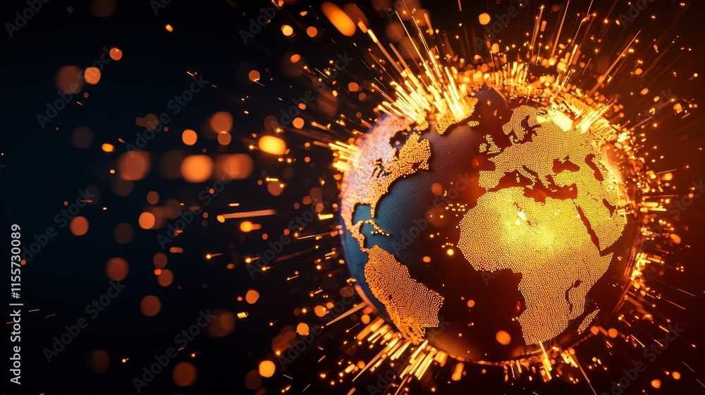 Poster abstract global sphere with fiery sparks and shimmering glow