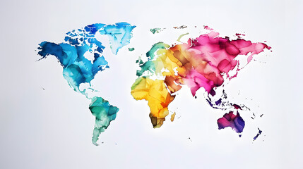 A stunning watercolor world map featuring vibrant shades of blue, green, yellow, and pink. This artistic representation showcases a colorful and creative take on global geography.