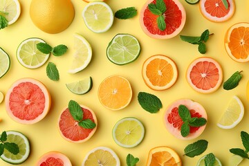 Naklejka premium Flat lay composition with citrus fruits on yellow background, top view