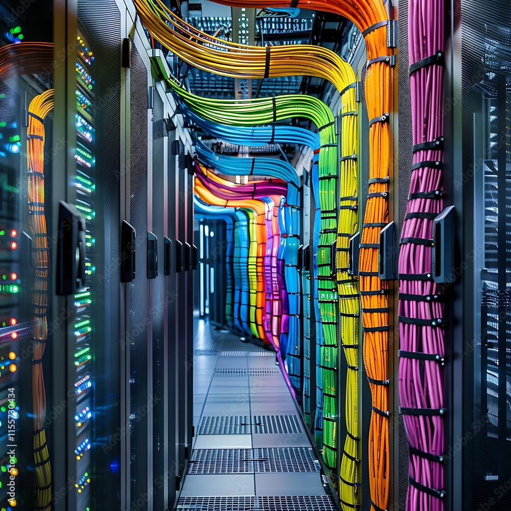 Poster modern server room with vibrant rainbow-colored cables neatly organized along data racks. a visually
