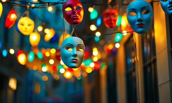 Mardi Gras row of colorful masks hanging from a lighted string. The masks are of different shapes and sizes, and the lights create a festive atmosphere