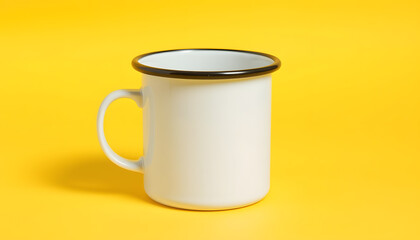Enamel white metal mug with black line on the edge on yellow background. Mug empty blank for coffee or tea. Space for text, pop-art. isolated with white shades