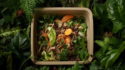 A compostable food container filled with food scraps, surrounded by lush greenery. Showcase the sustainable and environmentally friendly nature of the container.
