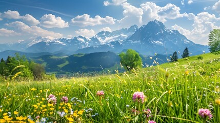 Fototapeta premium Beautiful spring landscape with meadow and mountain peaks in the background