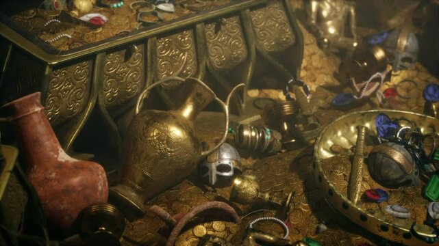Hidden treasures adorn the floor of a secret dungeon, showcasing gold coins, ornate jewelry, and ancient artifacts.