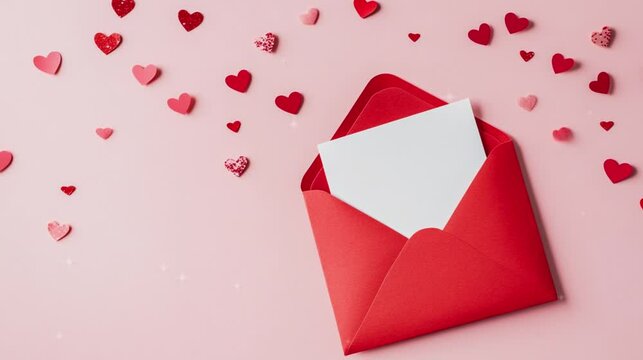White paper and red envelope with cute pink background copy space for text Valentine Day, Mothers' Day.