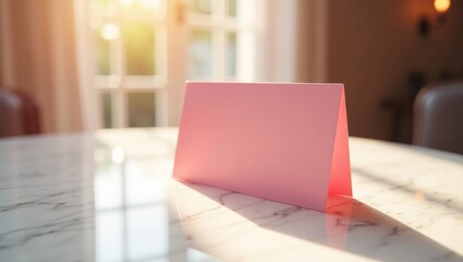 Pink folded table tent sign standing on marble surface in sunlit room
