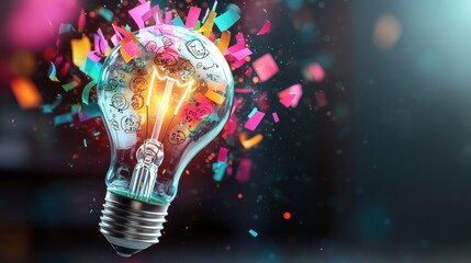 A glowing light bulb bursts with colorful confetti, symbolizing creativity and the explosion of innovative ideas.