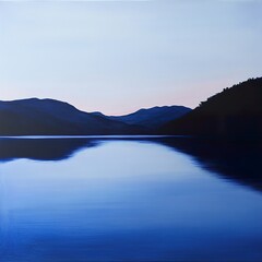 Serene Lake Sunset Landscape: Mountains Mirrored in Tranquil Water