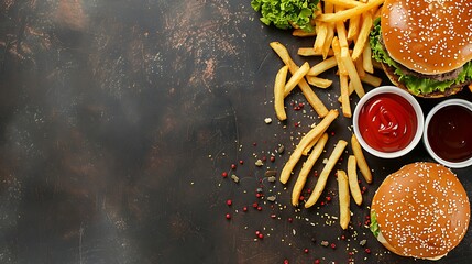Overhead flat lay of appetizing burgers with fries and dipping sauces on a dark, textured surface. A tempting fast food meal arrangement.

