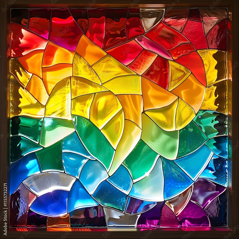 Poster vibrant stained glass panel featuring a rainbow spectrum of abstract, interlocking pieces. illuminat
