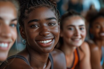 Cheerful group of diverse friends enjoying a fun moment together, showcasing happiness and connection.