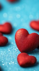 Obraz premium Romantic Red Glitter Hearts on Blue Sparkle Background Valentines Day