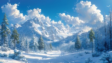 Obraz premium Snowy landscape with a dense forest and blue sky