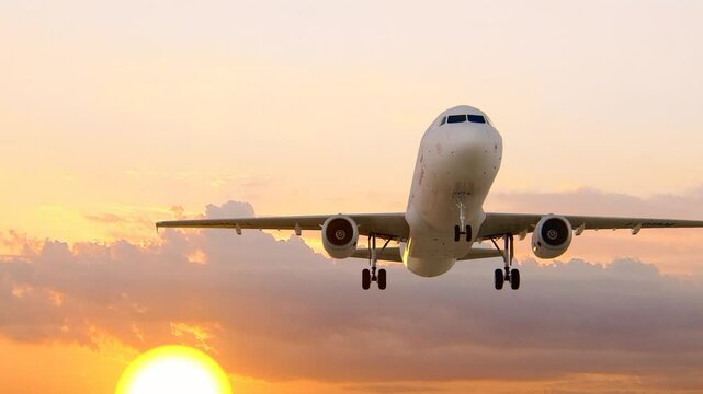 Ultra HD 4K. Airplane flies in sky at sunset day. Travel. Airplane takes off against the background of sunset.