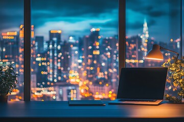 Glowing lights on a window sill with a cityscape in the background
