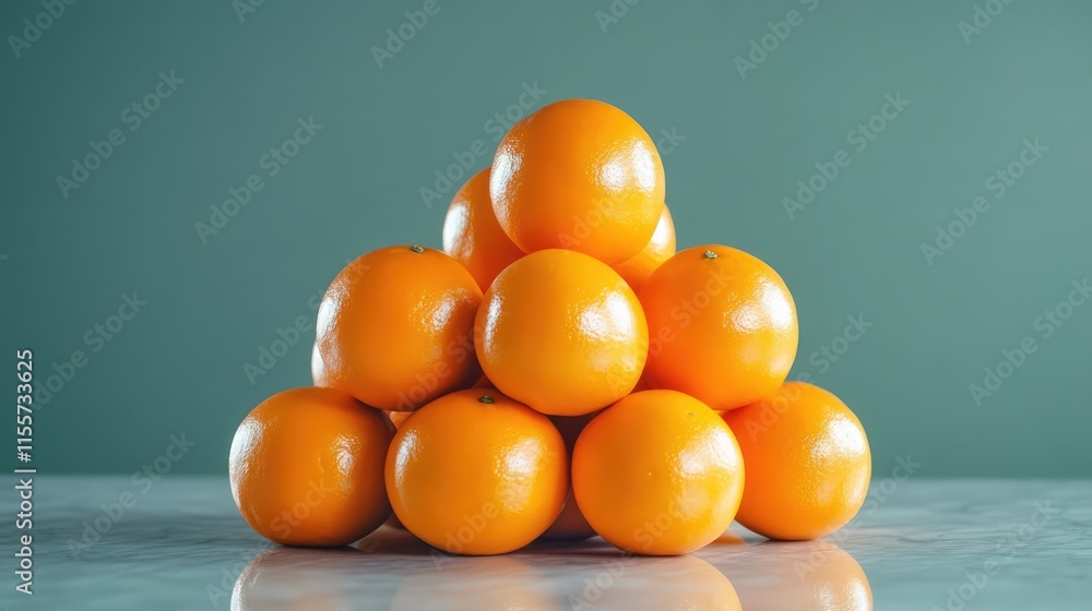 Poster freshly stacked oranges creating a vibrant pyramid against a textured green background ideal for foo
