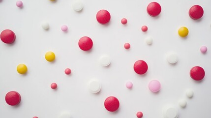 Colorful medical pills and tablets scattered on a clean white background creating a vibrant and dynamic healthcare concept.
