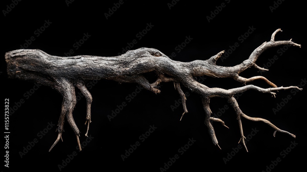Poster detailed view of isolated tree roots showcasing intricate textures and shapes against a black backgr
