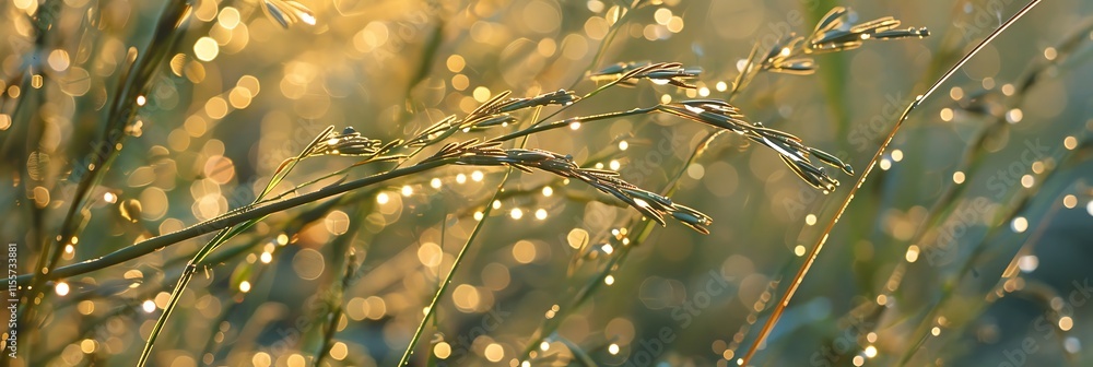 Poster sparkling dew drops cling to blades of grass, backlit by a golden light creating a soft bokeh. a tra