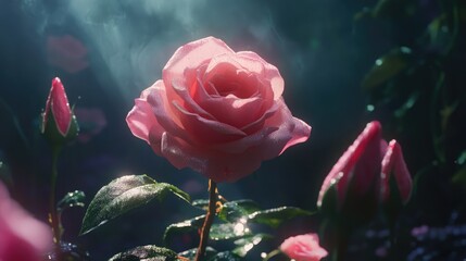 Pink rose blooms elegantly in a serene garden environment with soft lighting and a dreamy atmosphere.