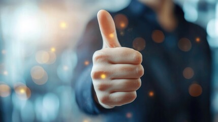 Hand signaling approval with a thumbs up representing quality assurance ISO certification and satisfaction in professional standards.