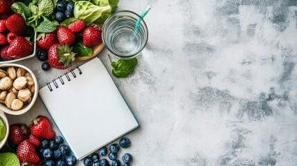 A creative flat lay of healthy snacks, water, and a fitness journal