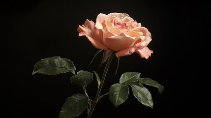 Beautiful pink rose with green leaves elegantly isolated on a dark background showcasing natural beauty and delicate details of the petals.