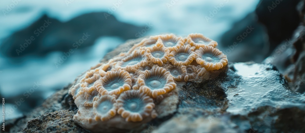 Poster coral design on a rocky beach showcasing natural textures and patterns with ocean waves in the backg