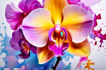 Beautiful yellow and purple orchids with delicate petals and vibrant green leaves, against dark starry backdrop, ideal for floral-themed designs and projects seeking elegance and beauty.
