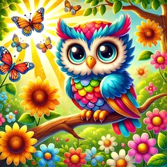 Fototapeta premium Cartoon of a colorful owl in a flower garden 