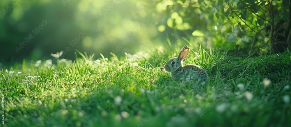 Poster rabbit resting peacefully on vibrant green grass in soft natural light with open space for text and 