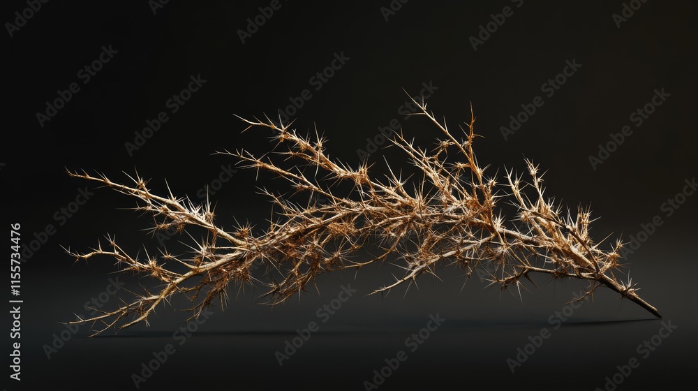 Poster dry thorn branch with intricate textures against a dark background showcasing natural composition an