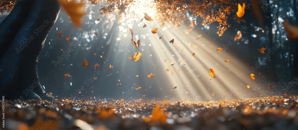 Poster sunlight filtering through autumn leaves creating a serene atmosphere with soft rays illuminating th