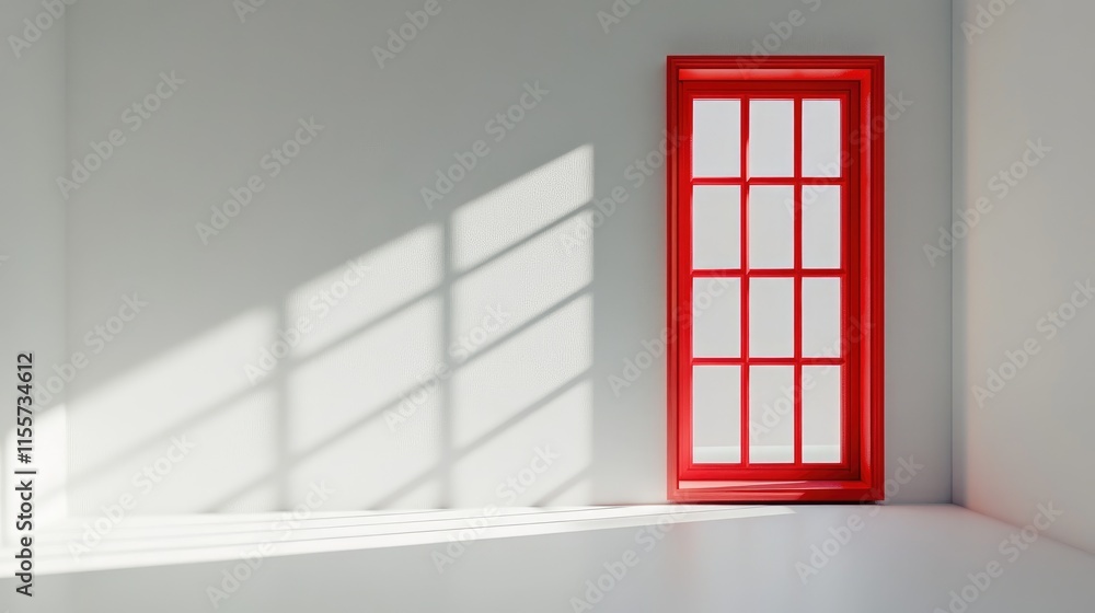 Poster red window frame casting shadows on a minimalist white wall interior creating a striking modern aest