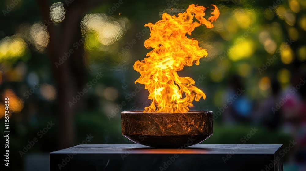 Aufkleber flame flickering brightly in a decorative bowl with a soft blurred natural background creating an en